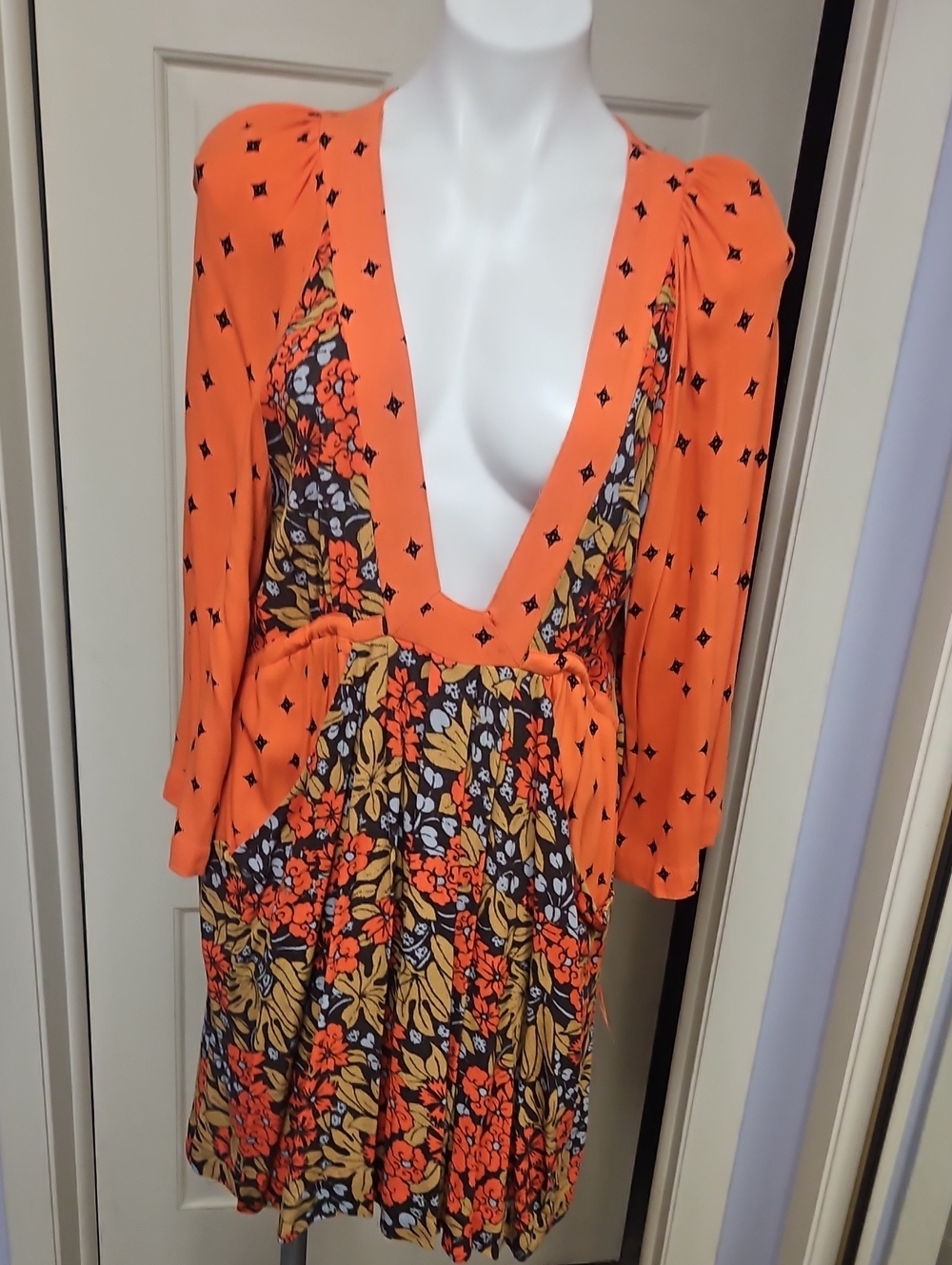 Free People Orange Floral Deep V-Neck Midi Dress